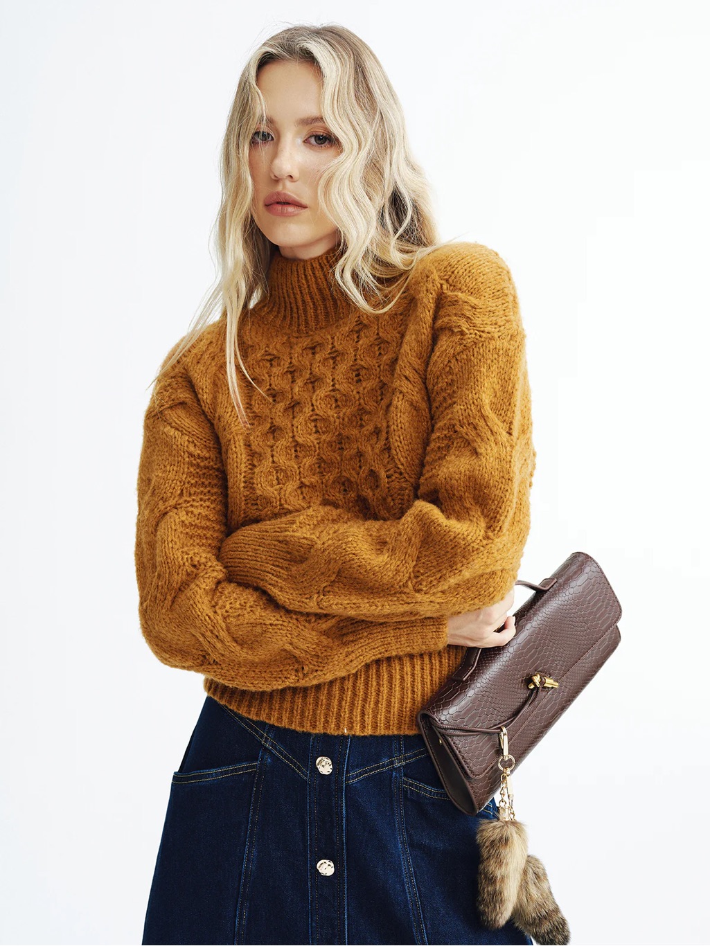 Commense Sweater Cable Knit Mock Neck Burnt Orange Brown Medium M